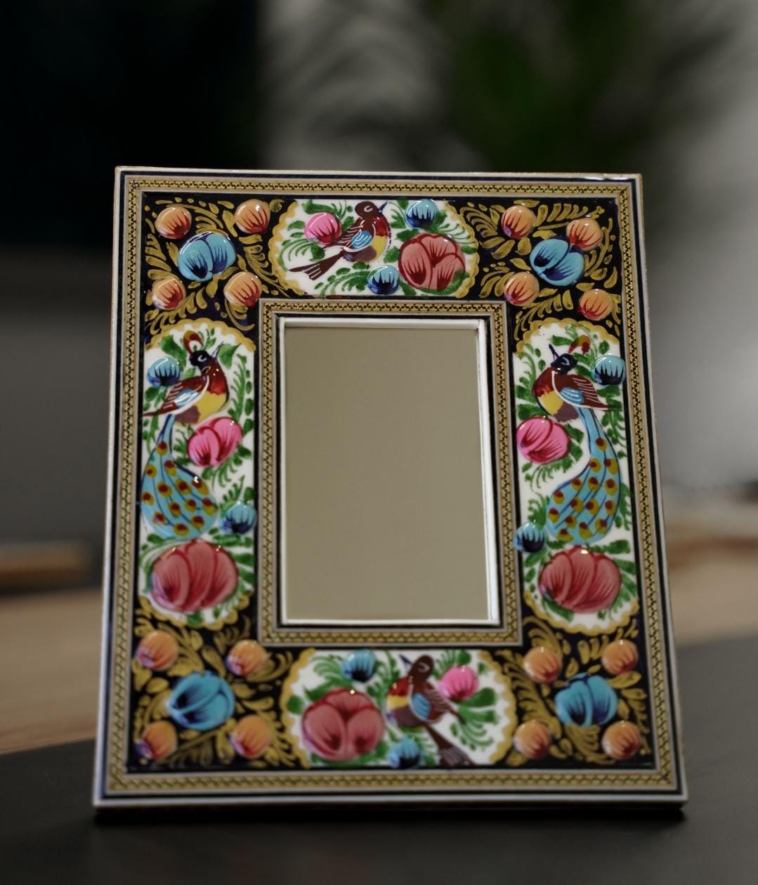 hand-painted mirror with relief enamel frame – bird & bloom design- orange flowers (23×19 cm)