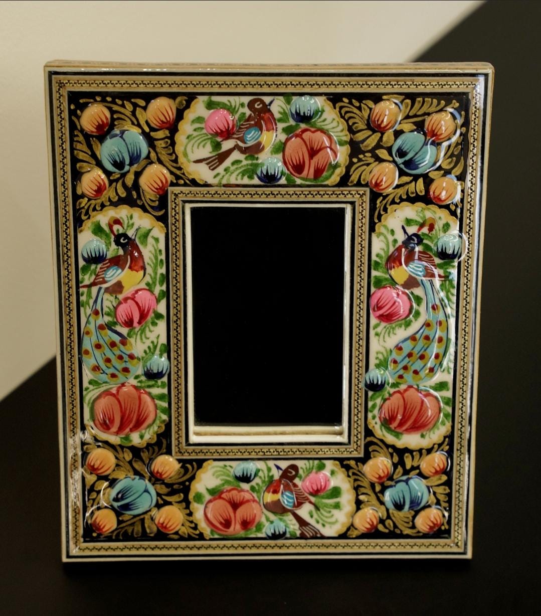 hand-painted mirror with relief enamel frame – bird & bloom design- orange flowers (23×19 cm)
