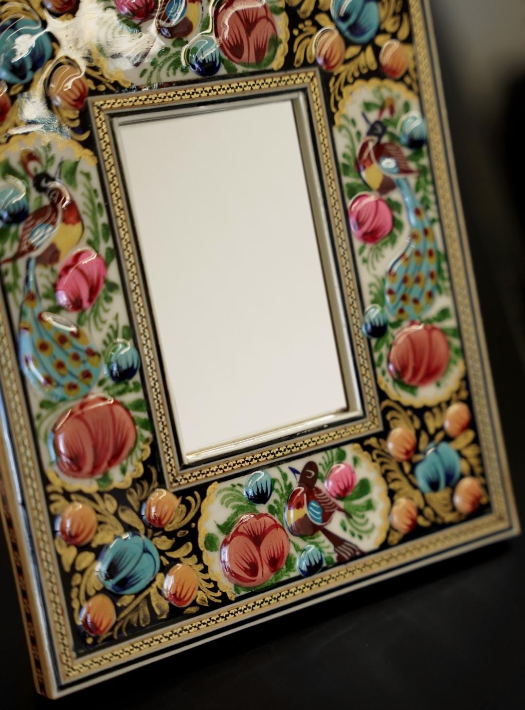 hand-painted mirror with relief enamel frame – bird & bloom design- orange flowers (23×19 cm)