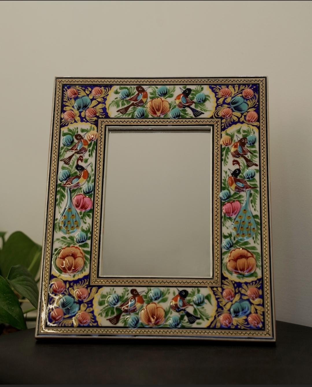 hand-painted mirror with relief enamel frame – bird & bloom design (28×23 cm) orange lotus