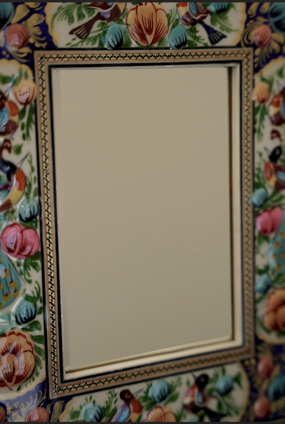 hand-painted mirror with relief enamel frame – bird & bloom design (28×23 cm) orange lotus