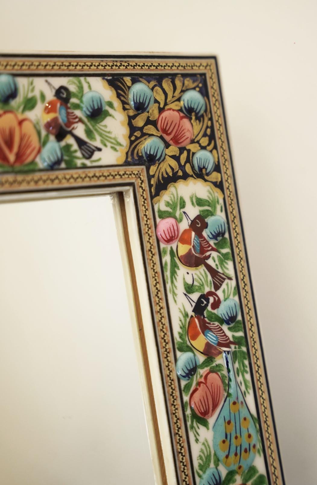 hand-painted mirror with relief enamel frame – bird & bloom design (28×23 cm) blue flowers and orange lotus
