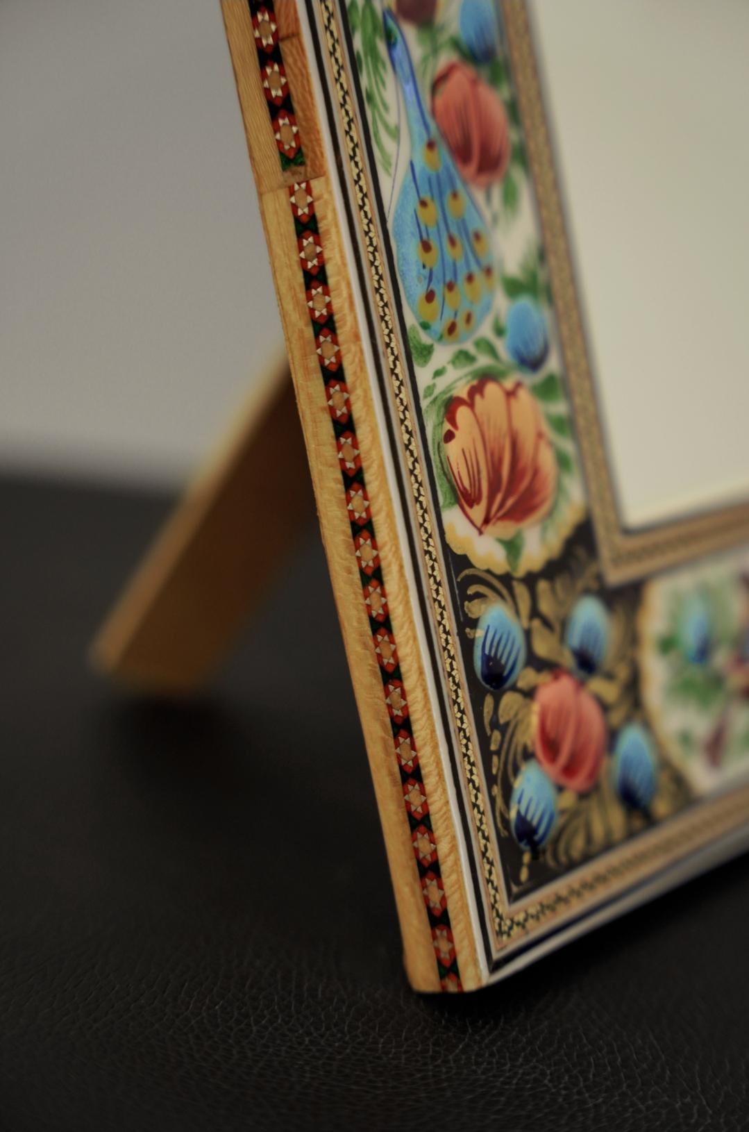 hand-painted mirror with relief enamel frame – bird & bloom design (28×23 cm) blue flowers and orange laleh