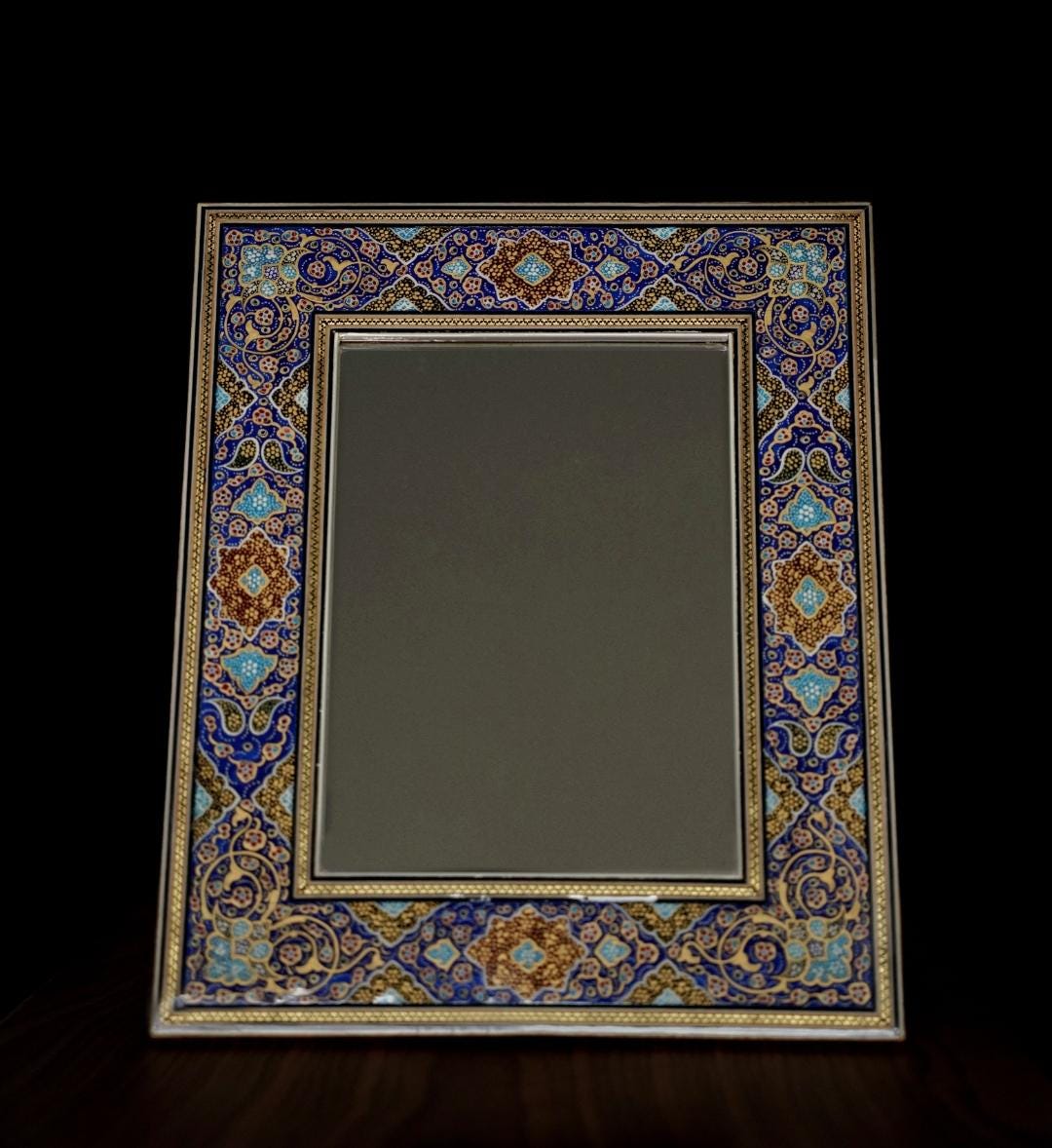 handmade tazhib mirror – indigo | 34×28 cm
