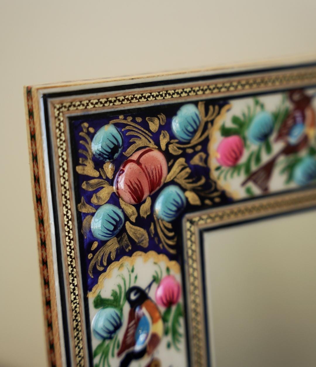hand-painted mirror with relief enamel frame – bird & bloom design (34×28 cm) blue and orang flowers