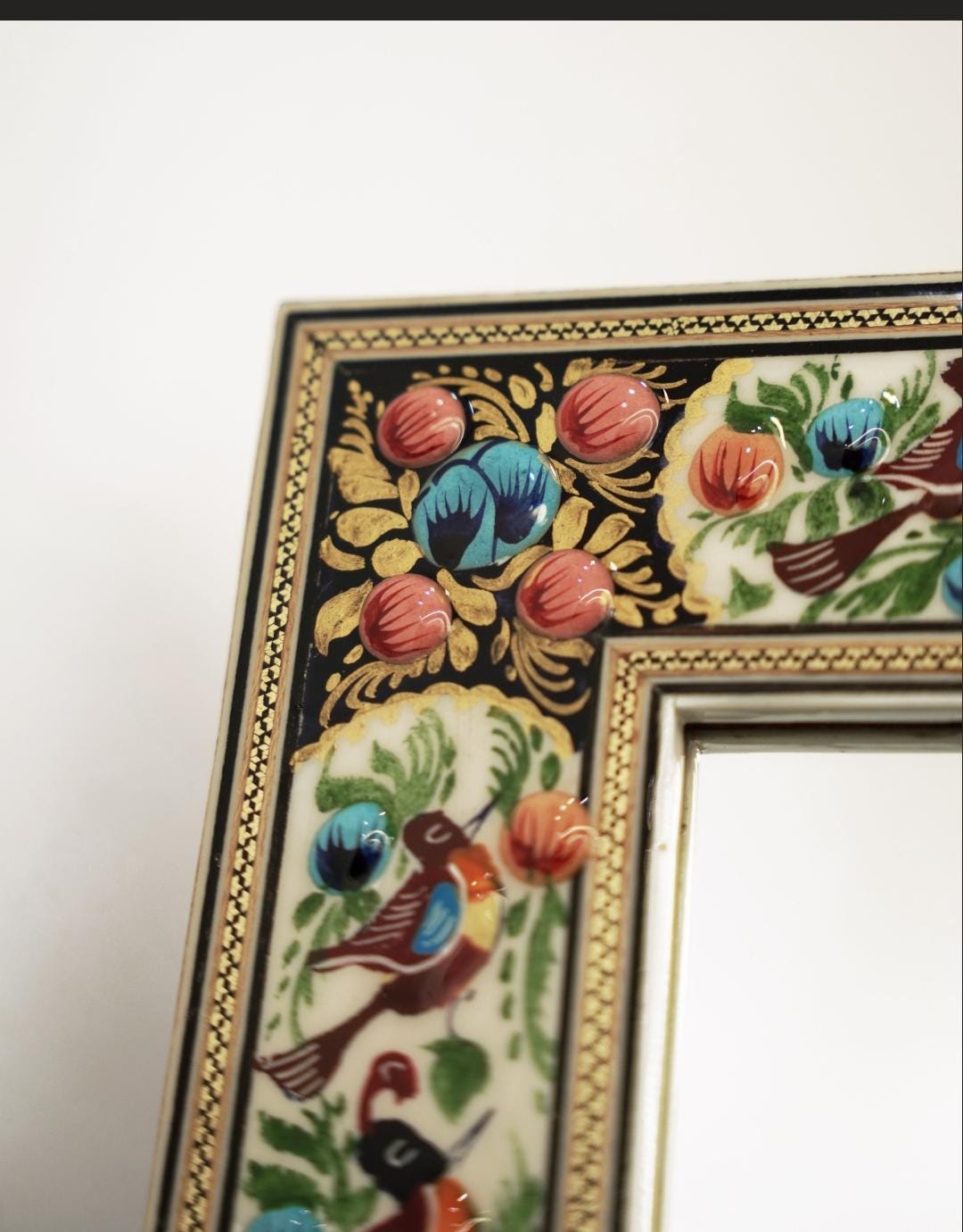 hand-painted mirror with relief enamel frame – bird & bloom design (34x28cm) orang and pink