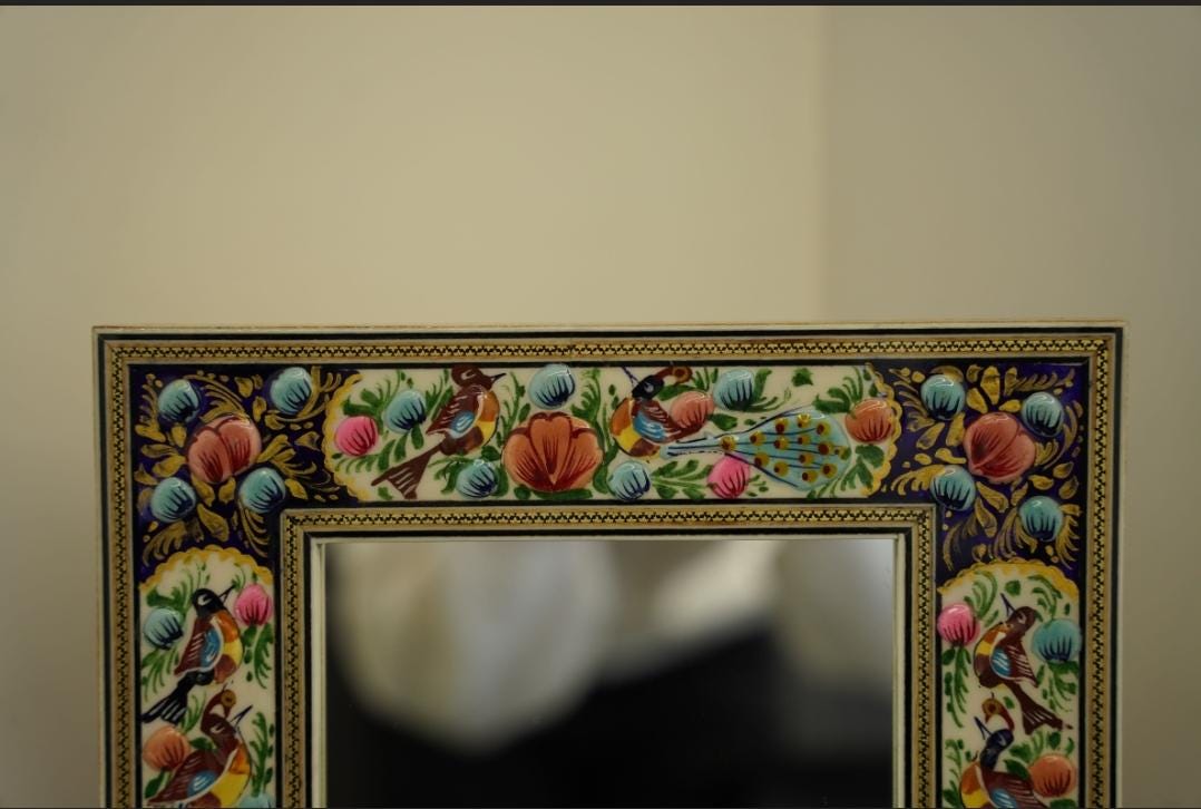 hand-painted mirror with relief enamel frame – bird & bloom design (34×28 cm) orang lotus