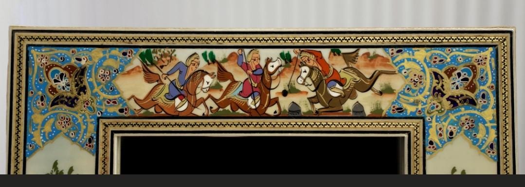 handmade polo scene mirror – turquoise | 33.5×28 cm