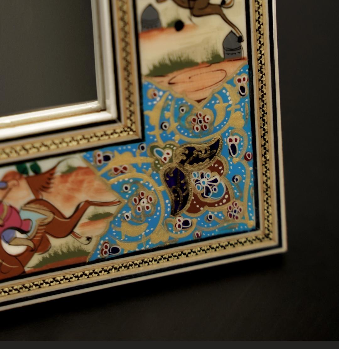 handmade polo scene mirror – turquoise | 33.5×28 cm
