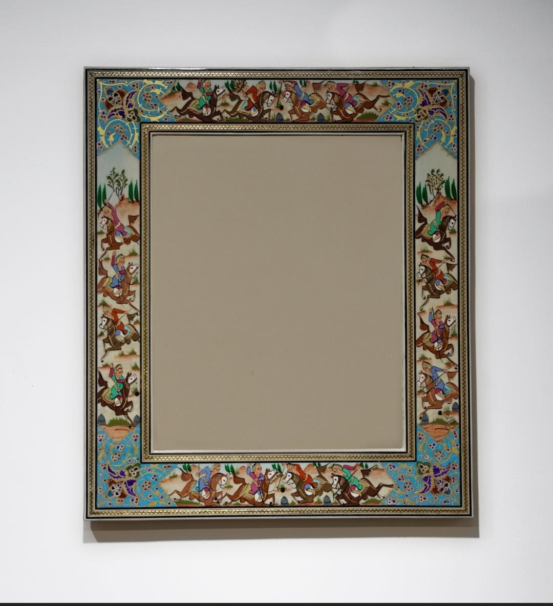 handmade polo scene mirror – turquoise| 40×34.5cm