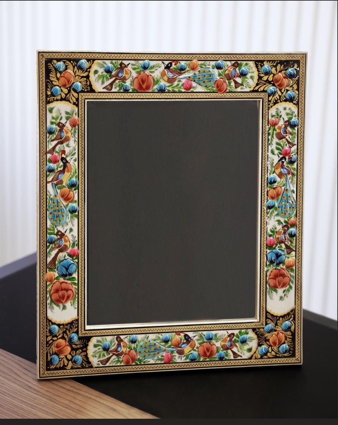 hand-painted mirror with relief enamel frame – bird & bloom design (40.5×34.5cm) blue flowers