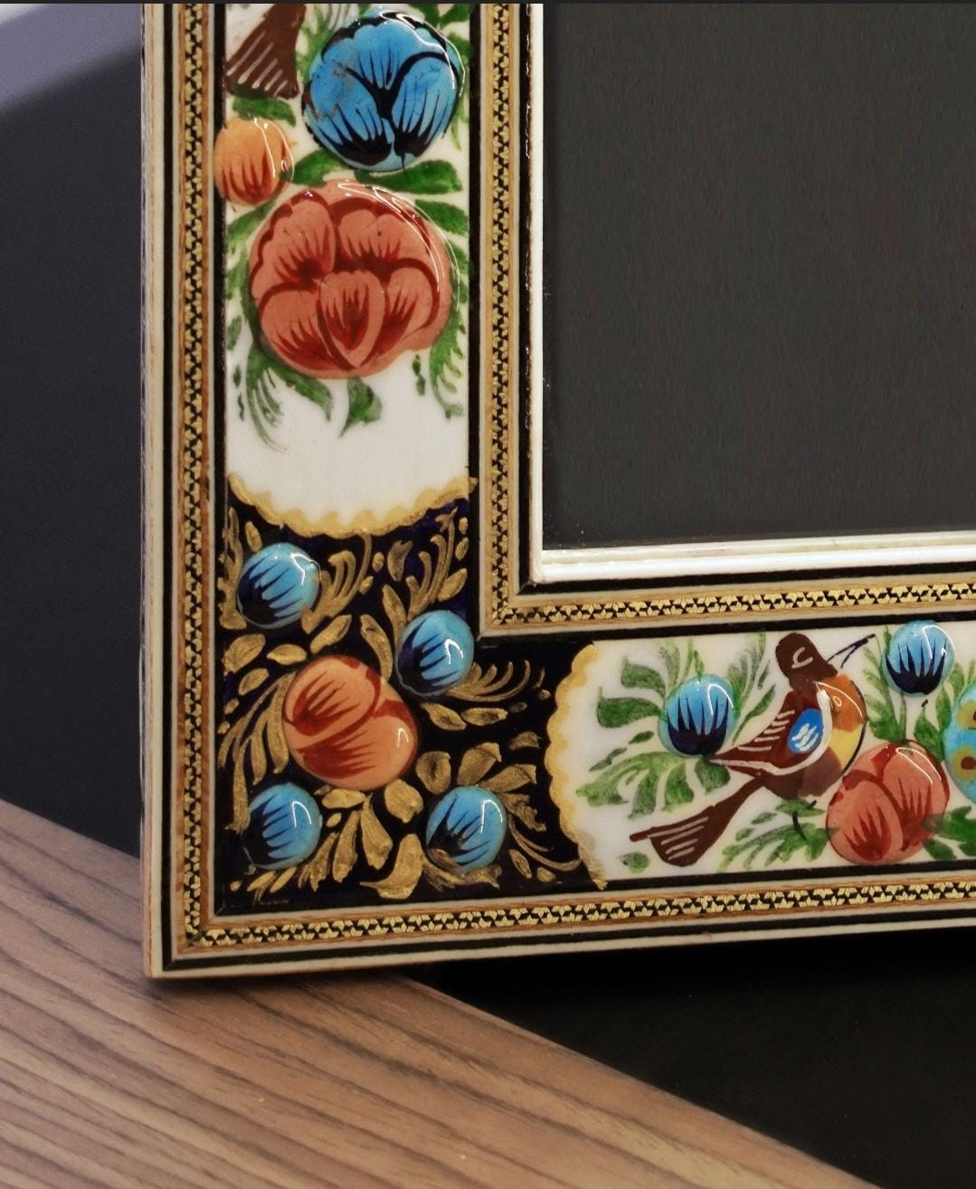 hand-painted mirror with relief enamel frame – bird & bloom design (40.5×34.5cm) blue flowers