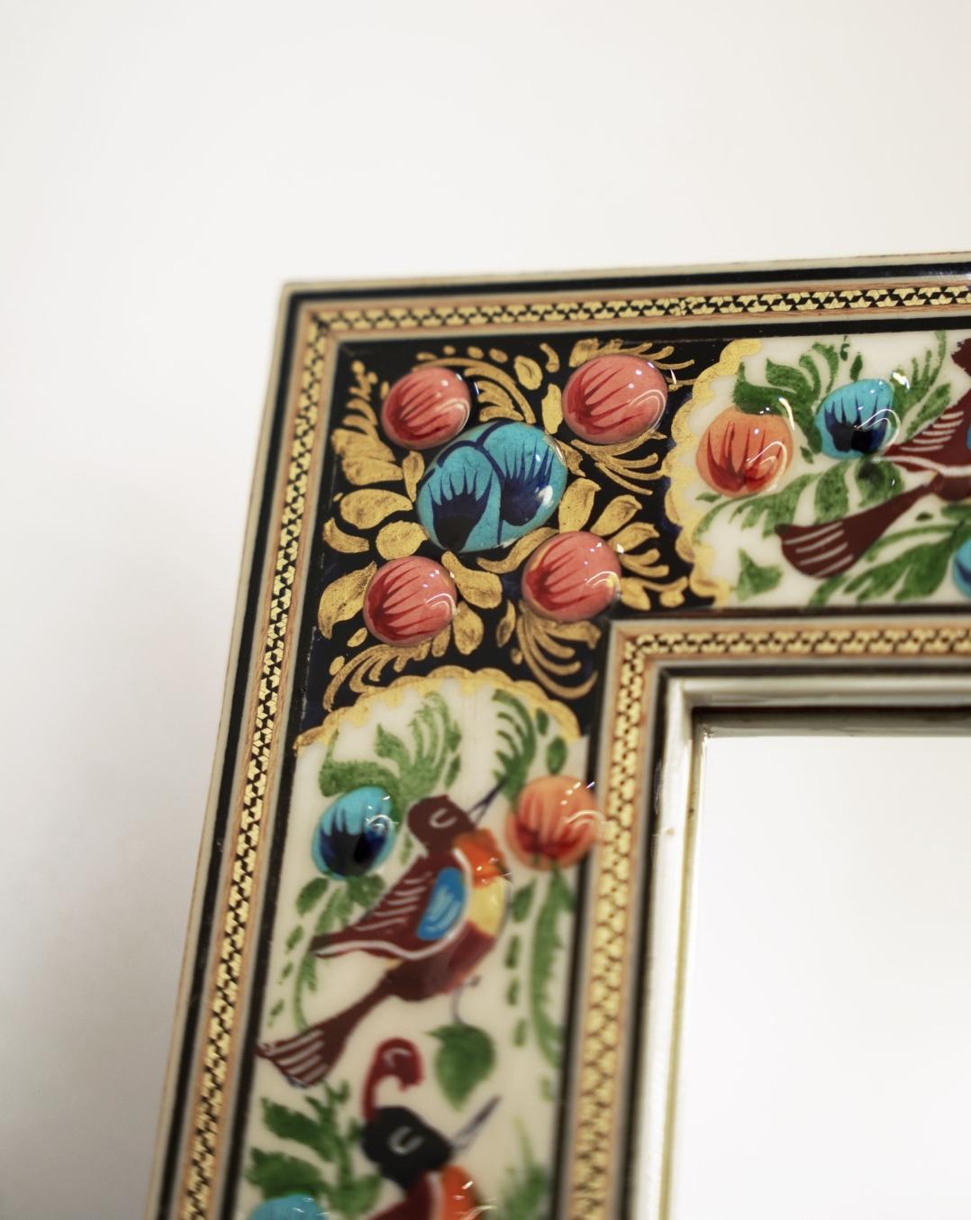 hand-painted mirror with relief enamel frame – bird & bloom design (40.5×34.5cm) orange flowers