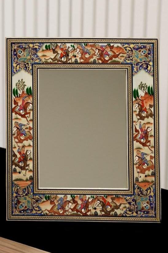 handmade polo scene mirror – indigo | 33.5×28 cm