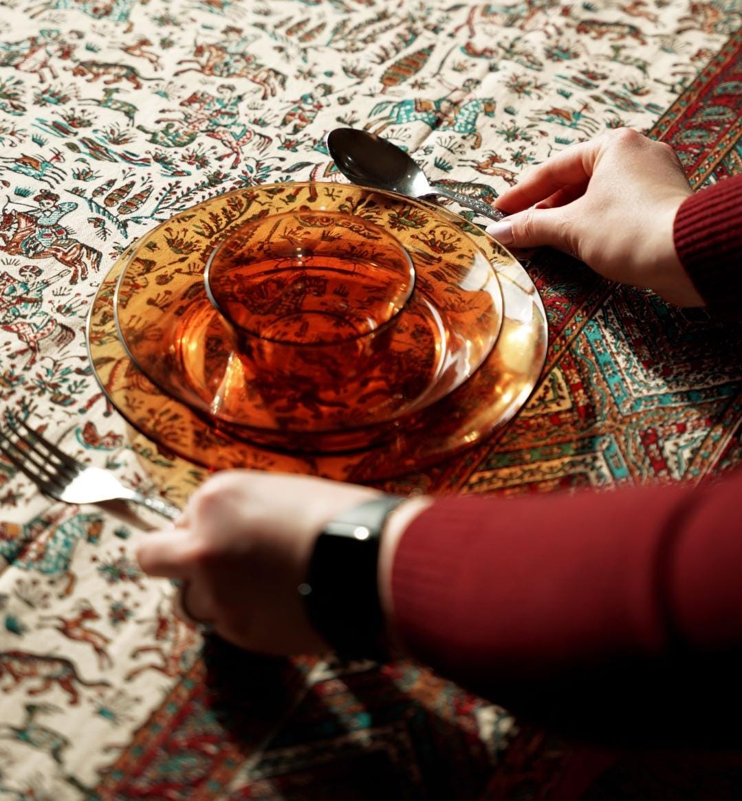 handmade block-printed tablecloth – persian hunting scene | 2m × 1.35m