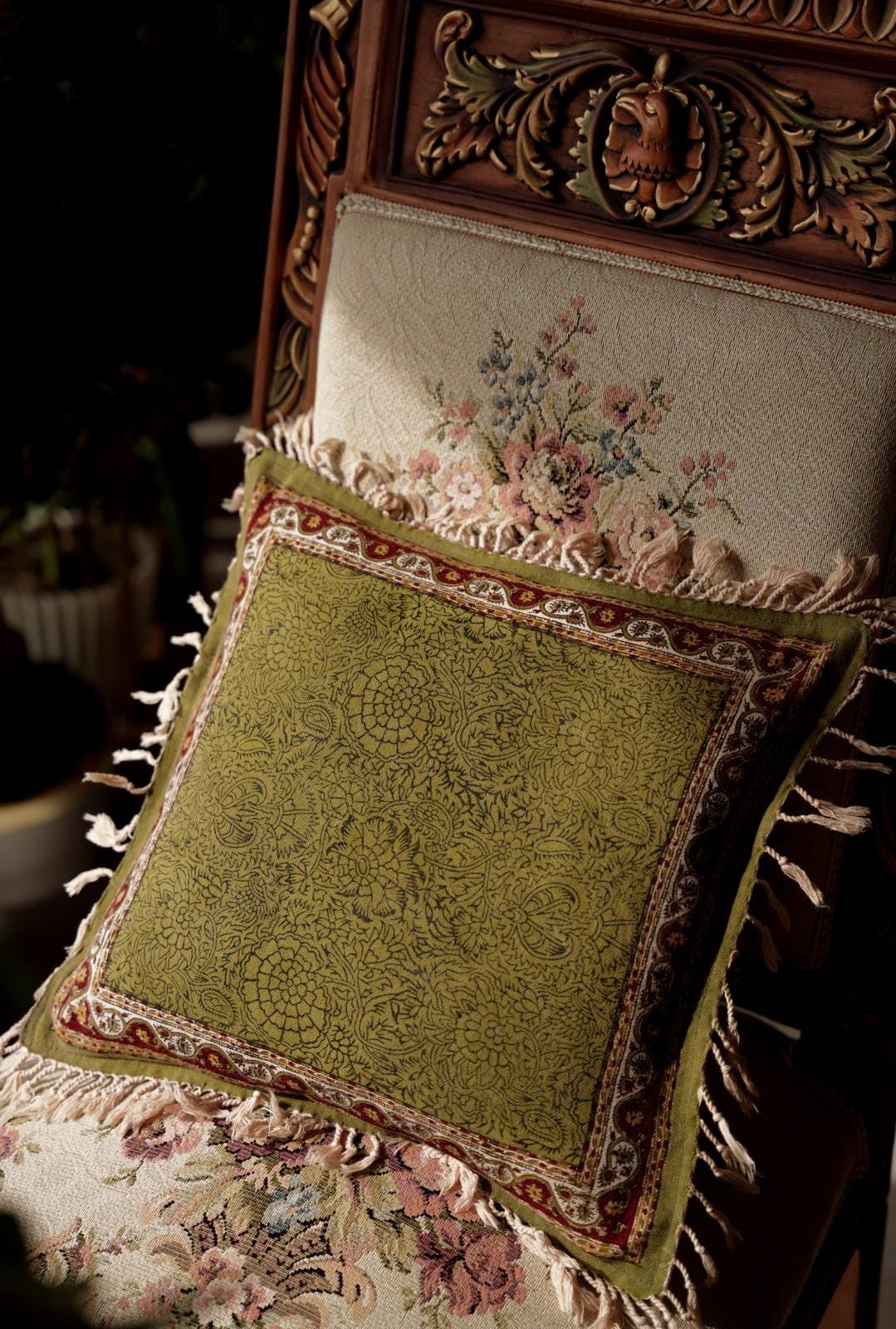 handmade block-printed cushion cover – floral vine border | 43×40 cm (a set of 2)