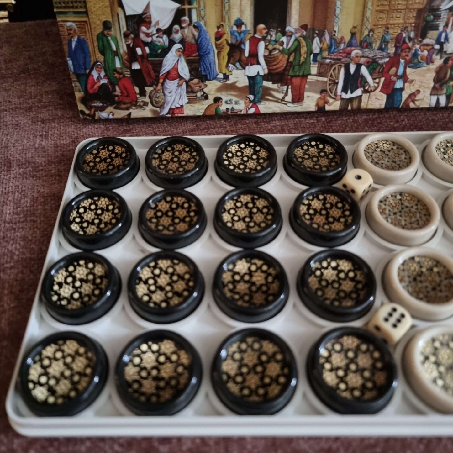 khatam backgammon checkers set featuring intricate geometric motifs and elegant design.