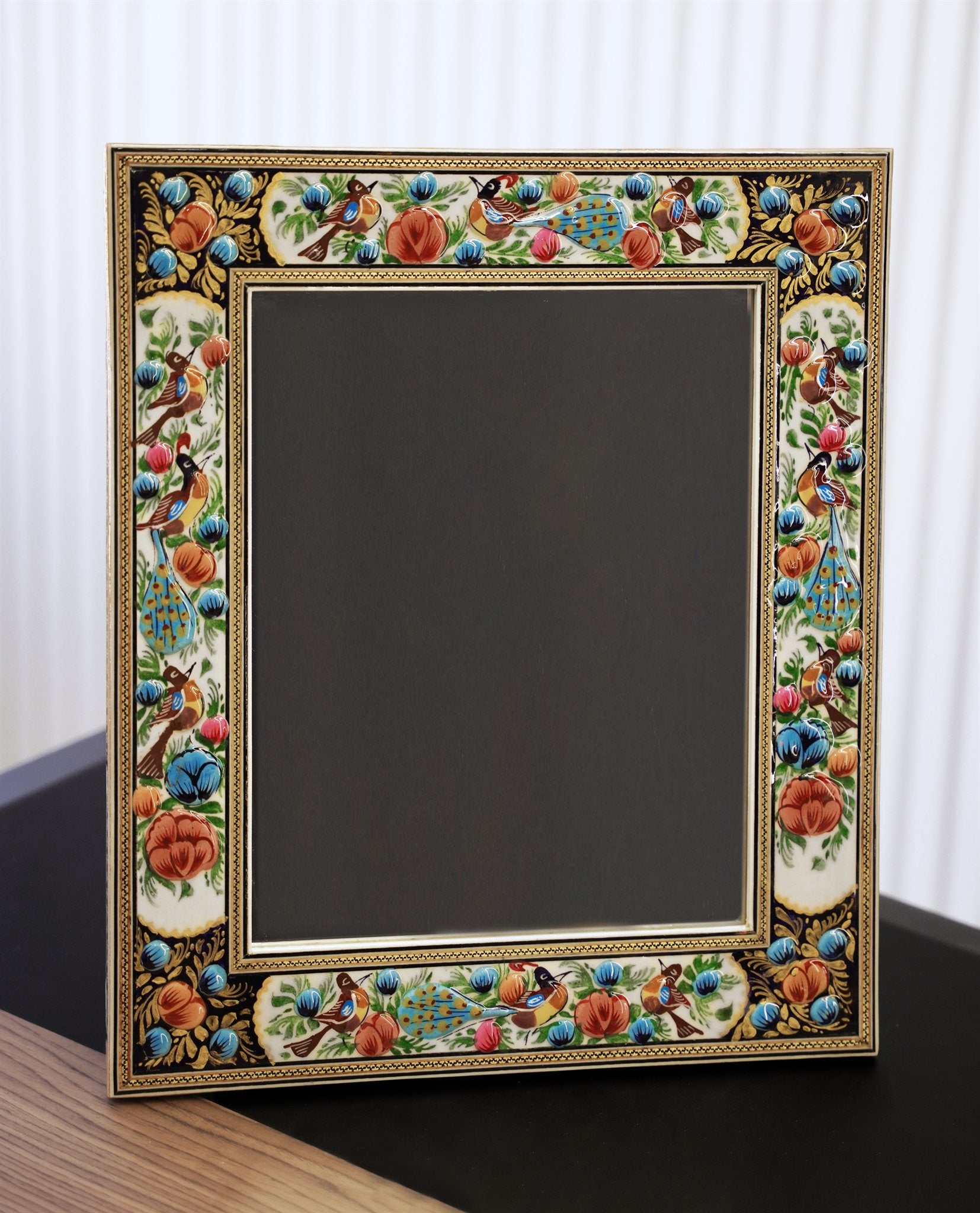Hand-Painted Relief Mirror – Bird & Bloom Blue (40.5×34.5 cm) – Luxury Handcrafted Art by Pilardi