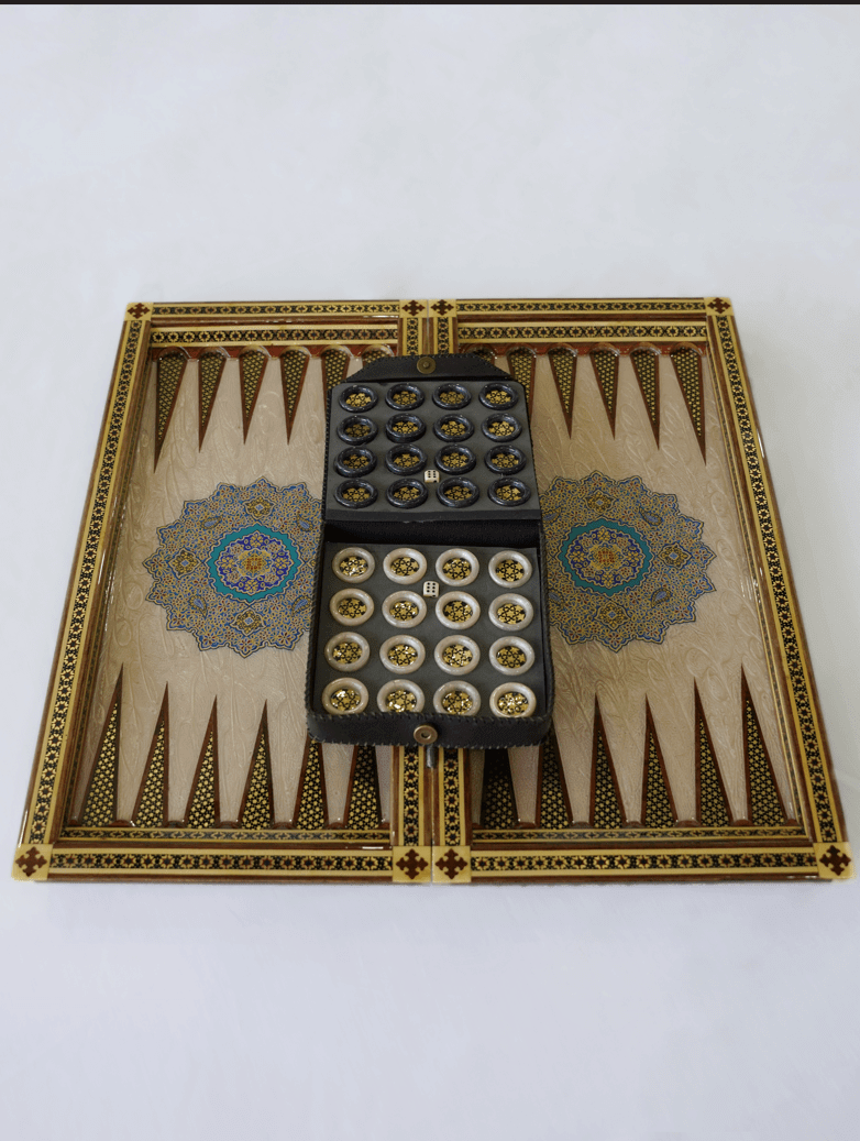 Handcrafted backgammon chess set detail showing Khatam marquetry craftsmanship