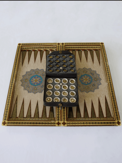 Handcrafted backgammon chess set detail showing Khatam marquetry craftsmanship