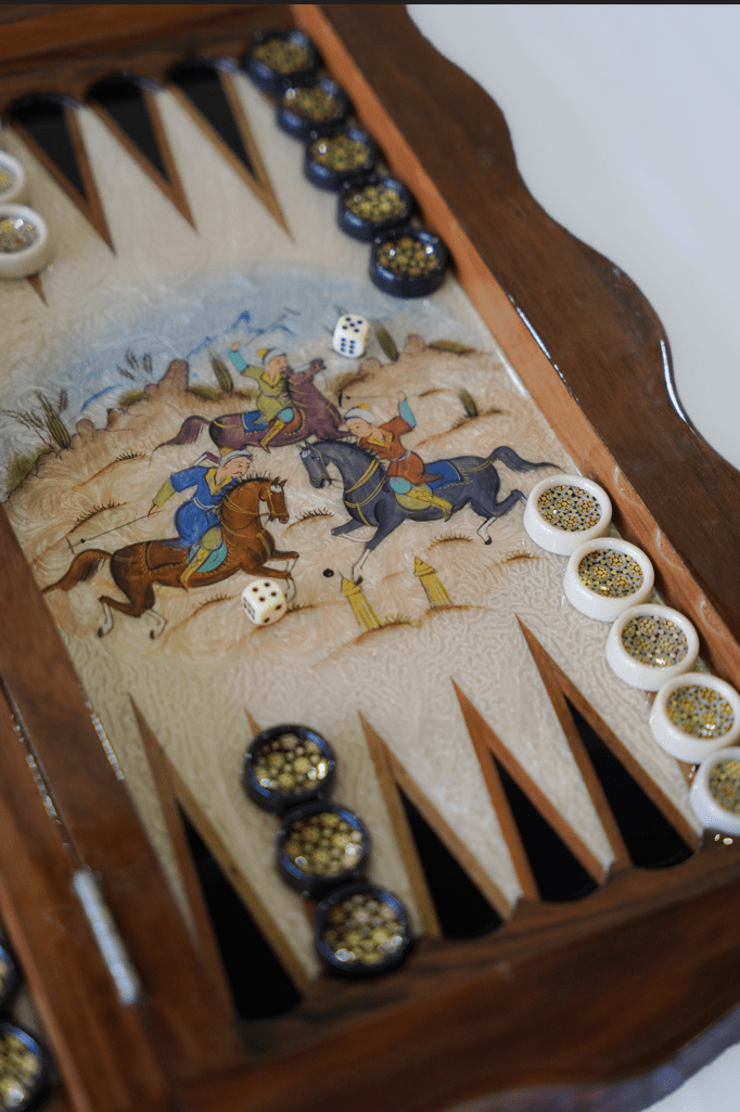 polo scene hand‑painted chess & backgammon set – pilardi – luxury handcrafted art by pilardi