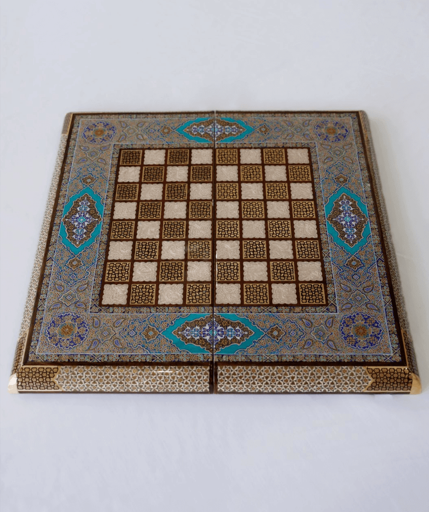 handcrafted backgammon chess set opened, showing detailed backgammon interior