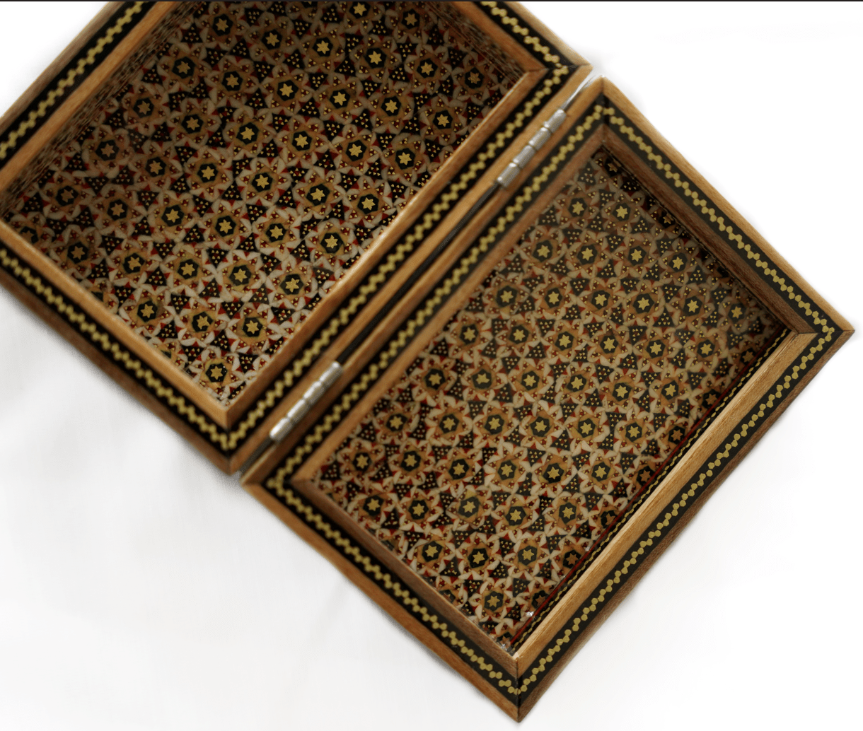 handmade wooden decorative box featuring intricate khatam marquetry design, showcasing meticulous craftsmanship.