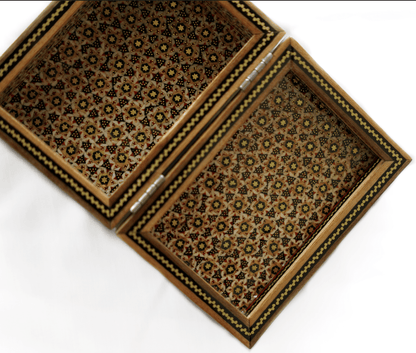 Handmade wooden decorative box featuring intricate khatam marquetry design, showcasing meticulous craftsmanship.