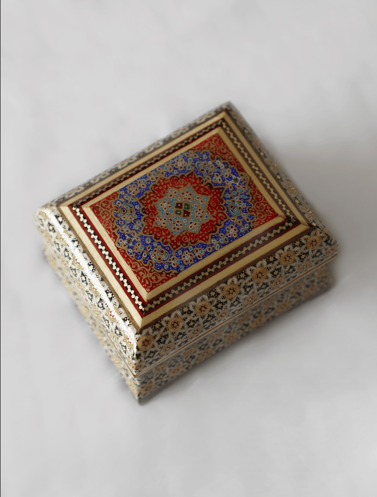 handmade wooden decorative box featuring intricate khatam marquetry and tazhib techniques in vibrant colors.