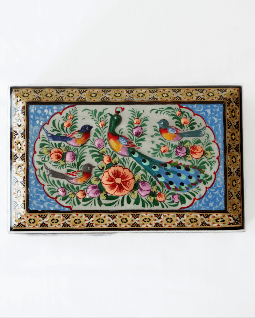 Handmade wooden jewelry box featuring vibrant peacock and flower artwork with intricate details.