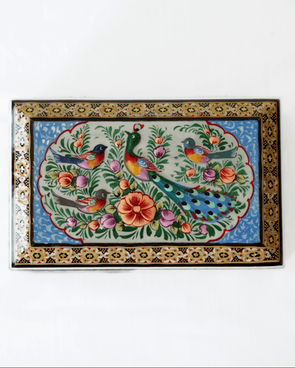 Handmade wooden jewelry box featuring vibrant peacock and flower artwork with intricate details.
