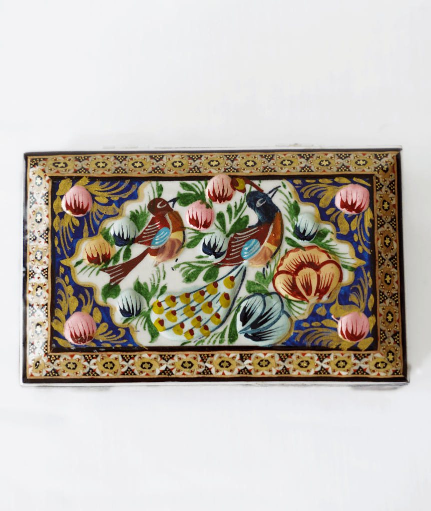 handmade wooden jewelry box featuring intricate hand-painted peacock and floral designs.
