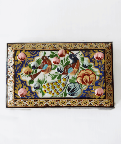 Handmade wooden jewelry box featuring intricate hand-painted peacock and floral designs.