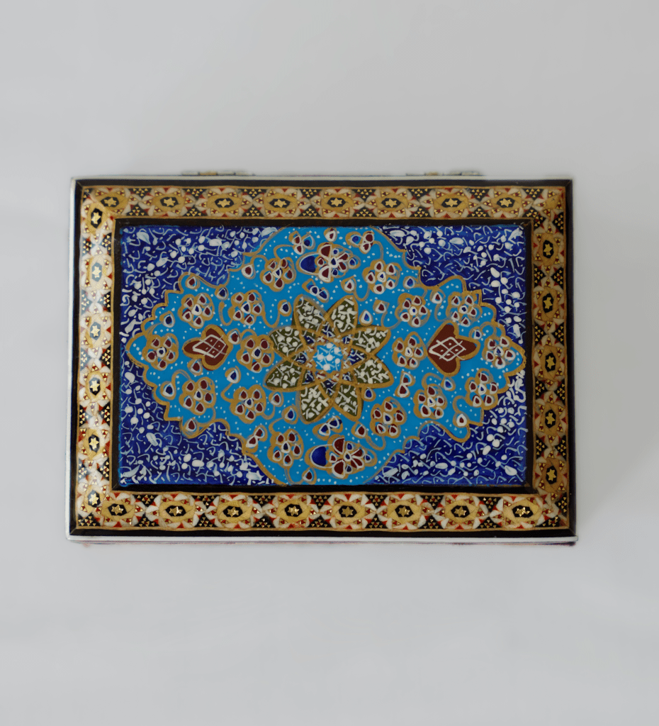 handmade wooden jewelry box featuring a hand-painted miniature lid and traditional detailing.