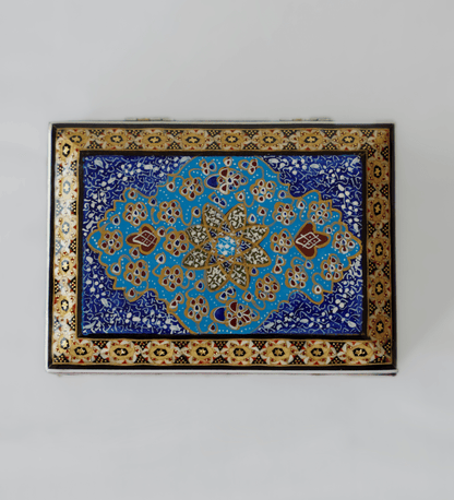 Handmade wooden jewelry box featuring a hand-painted miniature lid and traditional detailing.