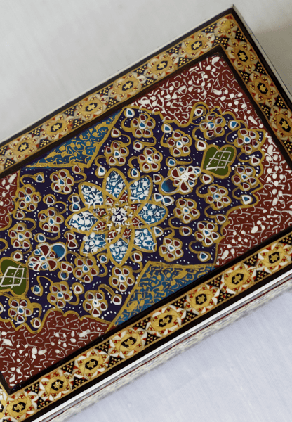 Handmade wooden jewelry box featuring intricate khatam marquetry and hand-painted miniature art in vibrant colors.