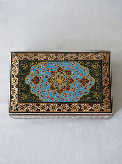 Handmade wooden jewelry box featuring intricate khatam marquetry and hand-painted miniature art.