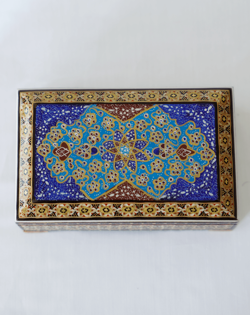 handmade wooden jewelry box featuring intricate khatam marquetry and vibrant hand-painted miniature designs.