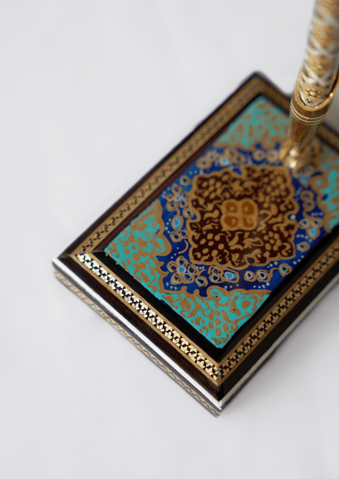 hand-painted desk pen stand with intricate tazhib motifs and khatam marquetry details.