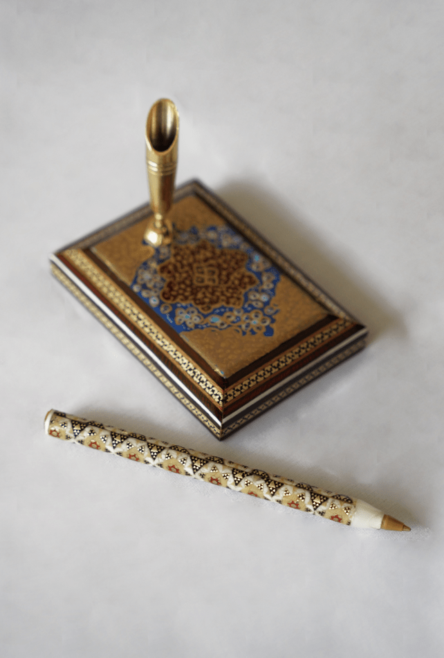 hand-painted desk pen stand – collectible writing accessory with decorative pen.