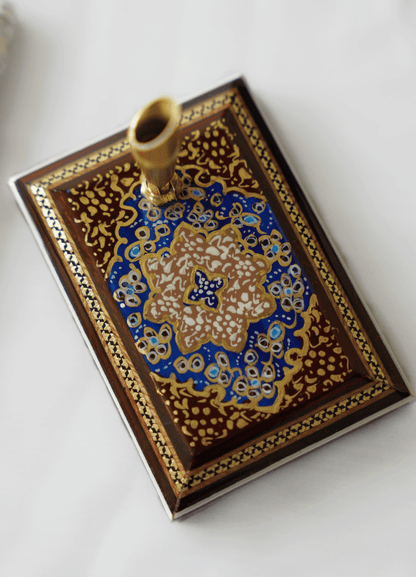 Hand-painted desk pen stand featuring intricate tazhib motifs and khatam marquetry, ideal for collectors.