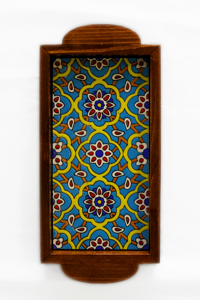 Hand-painted decorative tray with intricate colorful patterns and wooden frame, perfect for display.
