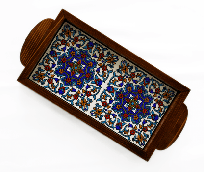 Hand-painted decorative tray featuring intricate miniature art patterns in a wooden frame.