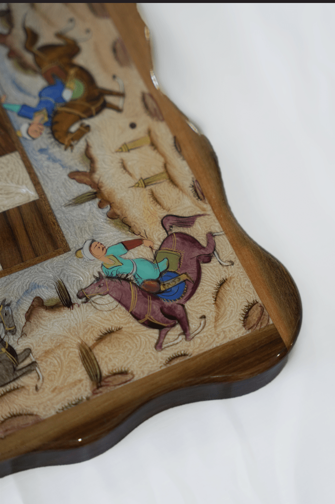 Polo scene chess backgammon set featuring detailed hand-painted riders on horseback.
