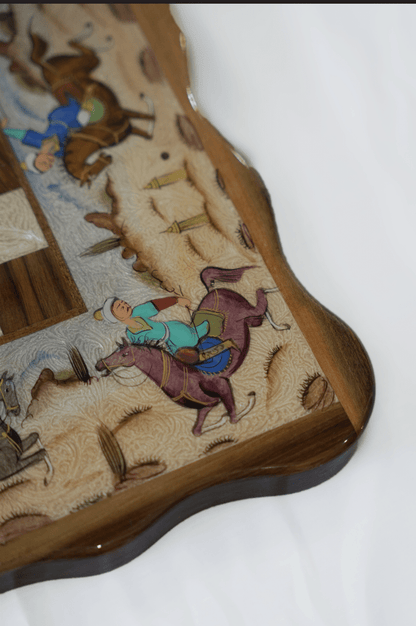 Polo scene chess backgammon set featuring detailed hand-painted riders on horseback.