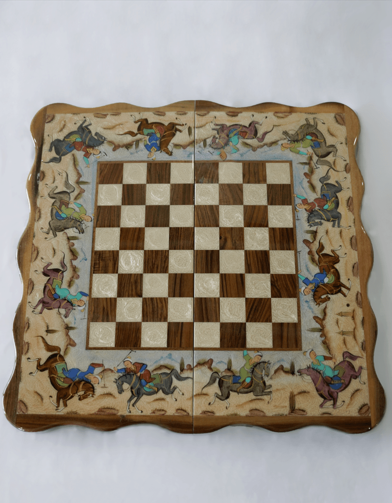 polo scene chess backgammon set featuring hand-painted design and polished wooden finish by pilardi atelier.