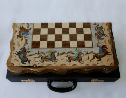 Polo scene chess backgammon set with a hand-painted horse theme on the box top in intricate detail.