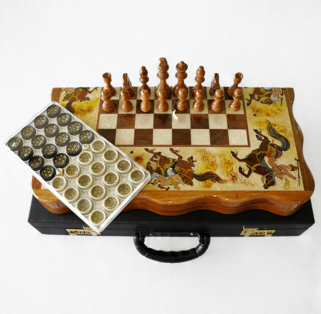 polo marquetry chess backgammon set – hand-painted edition with detailed designs and storage case.