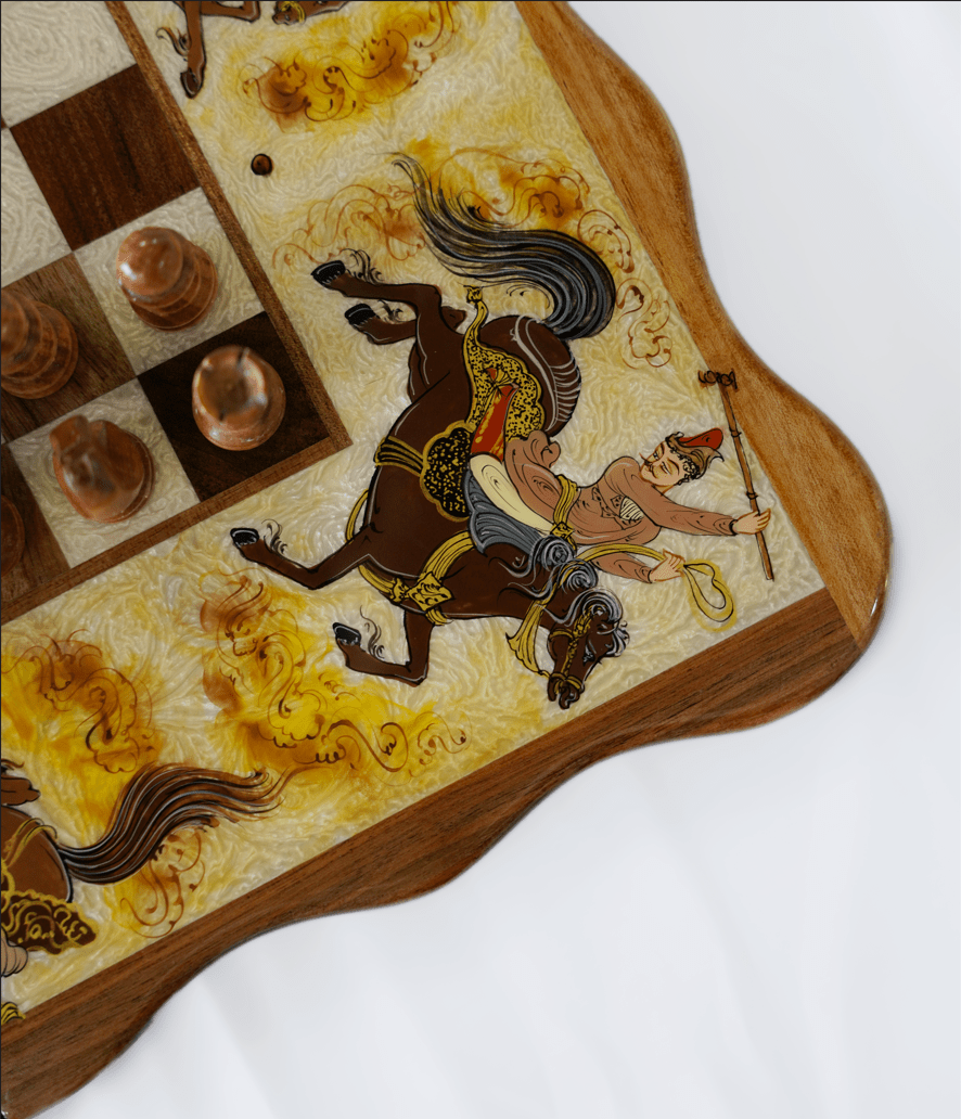 polo marquetry chess backgammon set featuring hand-painted persian inspired artwork on a sculpted walnut board.