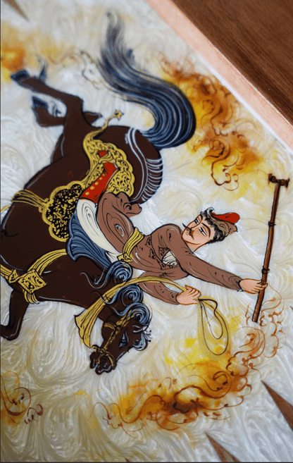 Hand-painted detail of a Persian horseman on the Polo Marquetry Chess Backgammon Set by Pilardi.